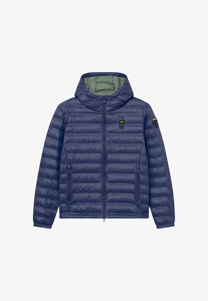 Doudoune légère bleu marine avec capuche, fermeture éclair frontale, poches latérales zippées et écussons logo sur la poitrine et la manche, doublure intérieure verte.