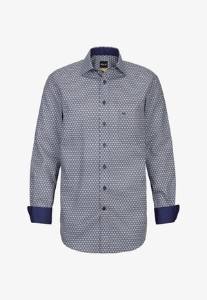 Langärmliges Hemd in blau-weißem geometrischen Muster mit einem dunkelblauen Kragen und Bündchen. Verfügt über fünf Druckknöpfe auf der Vorderseite und ein kleines Logo.