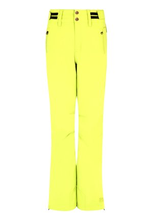 Heldere neonkleurige skibroek met een rechte snit, ritszakken en zwarte accenten op de tailleband. Waterafstotend materiaal en duurzame ontwerp.