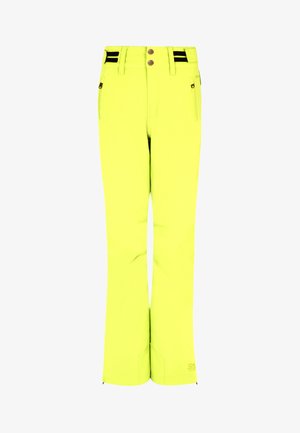 Helle neongelbe Skihosen mit geradem Schnitt, Reißverschlusstaschen und schwarzen Akzenten an der Taille. Wasserabweisendes Material und strapazierfähiges Design.