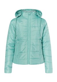 Jachetă puffer într-o nuanță de teal deschis, cu glugă, design cu quilt horizontal, fermoar frontal și două buzunare laterale cu fermoar. Finisaj neted și lucios.