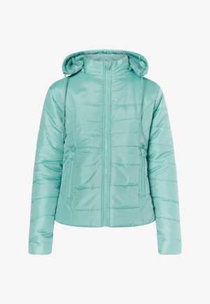 Šviesiai mėlynas pūkinis džemperis su kapišonu, horizontalios siuvimo linijos, priekinis užtrauktukas ir dvi šoninės kišenės su užtrauktukais. Sklandus, blizgus paviršius.