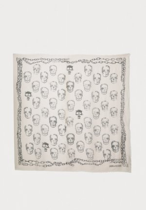 White scarf featuring a repeated skull pattern in black with a chain border. Edges are fringed for texture. Lightweight material.
