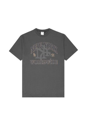 Grijze katoenen t-shirt met een bold "NEW YORK WORLDWIDE" opdruk in crème en zwart, met "91" en stijlvol lettertype in het midden.