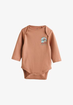 Bodysuit para bebé de manga larga y con textura acanalada en un cálido color melocotón, con un diseño geométrico que incluye un sol y árboles en tonos azul, verde y crema.