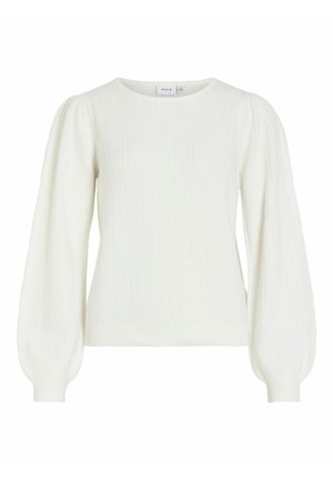 Fehér kötött pulóver puffadt hosszú ujjakkal, kerek nyakkivágással, bordázott mandzsettákkal és szegéllyel.