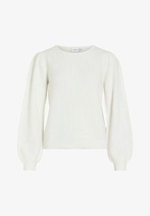 Fehér kötött pulóver puffadt hosszú ujjakkal, kerek nyakkivágással, bordázott mandzsettákkal és szegéllyel.