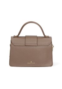 Borsa a mano in pelle marrone con design strutturato, manico superiore e chiusura magnetica. Presenta accessori in oro e logo impresso sul davanti.