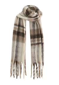 Écharpe douce et à motifs présentant un design à carreaux beige, marron et crème avec des bords frangés, fabriquée en tissu chaud pour le confort.