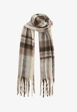 Écharpe douce et à motifs présentant un design à carreaux beige, marron et crème avec des bords frangés, fabriquée en tissu chaud pour le confort.