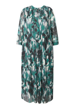 Sukienka w kwiatowy wzór w odcieniach zieleni, czerni i bieli. Posiada rękawy o długości trzech ćwierci, okrągły dekolt oraz plisowaną fakturę. Z przodu guziki.