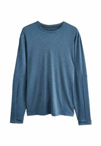 Cămașă albastră cu mâneci lungi, dintr-un material texturat, cu guler rotund, croi lejer și fără logo-uri sau grafice vizibile.