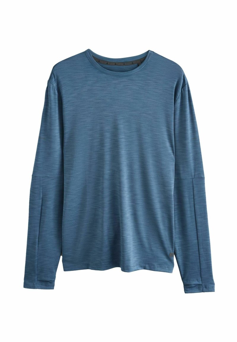 Blaues Langarmshirt aus strukturierter Stoff mit Rundhalsausschnitt, lockerer Passform und ohne sichtbare Logos oder Grafiken.