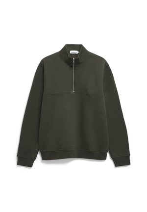 Olive green pullover sweatshirt with a high collar, half-zip front, ribbed cuffs, and a small logo detail on the chest. Soft, textured fabric.