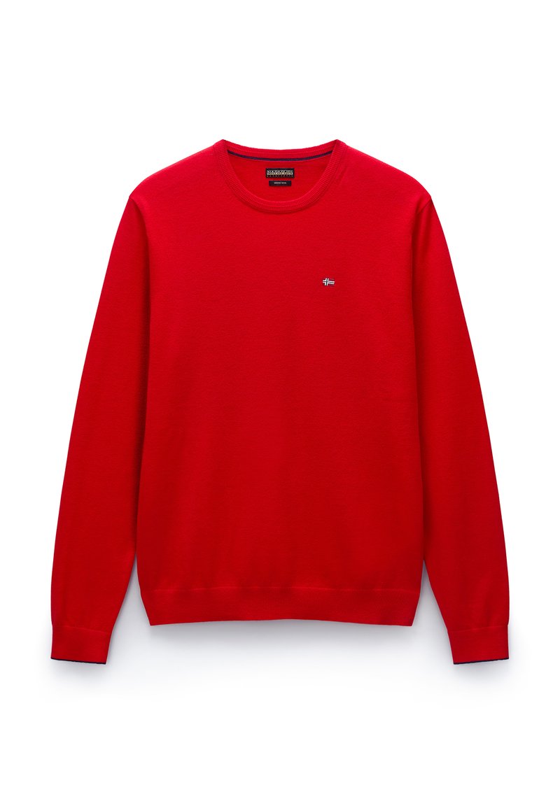 Czerwony sweter wykonany z bawełny, z okrągłym dekoltem i długimi rękawami. Posiada mały haftowany emblemat w okolicy klatki piersiowej oraz ściągacze na rękawach.