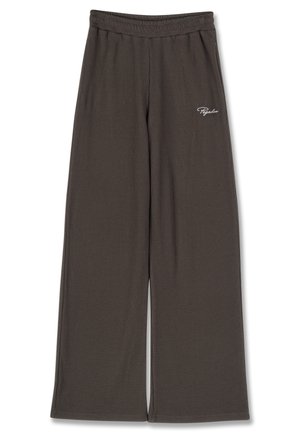 Pantaloni maro cu picioare largi, textură nervurată și talie elastică. Prezintă numele brandului brodat alb pe șoldul stâng.