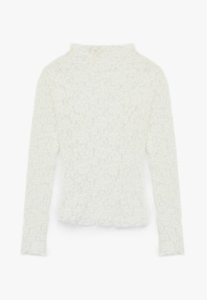Weißes Langarmoberteil mit strukturiertem, zerknittertem Muster, hohem Kragen und taillierter Silhouette, aus leichtem Material gefertigt.