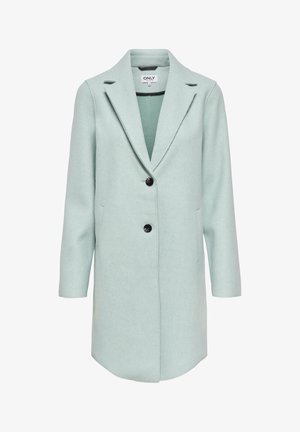 Vaaleanvihreä villasekoitetakki, jossa on halkioreunainen kaulus, kaksi mustaa nappia, sivutaskut ja kolme neljäsosaa hihoista.