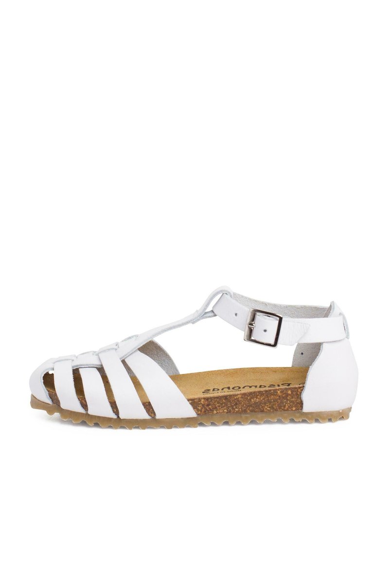 Sandal in pelle bianca con design aperto sulla punta, cinturino regolabile alla caviglia, soletta in sughero testurizzato e suola in gomma con modelli di trazione grip.