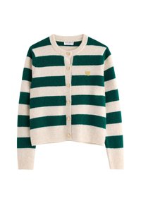 Grøn og cremefarvet bredstribet cardigan med guldknapper og lille guldhjerteemblem på brystet, præsenteret på hvid baggrund.