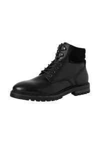 Botte de cheville en cuir noir avec un système de laçage à l'avant, un col rembourré et une semelle robuste, conçue pour une utilisation en extérieur ou décontractée.
