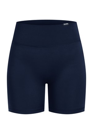 Mørkeblå sports shorts lavet af strækbart stof. Har en høj talje og en glat tekstur med minimale sømme.