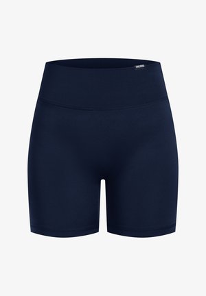 Mørkeblå sports shorts lavet af strækbart stof. Har en høj talje og en glat tekstur med minimale sømme.