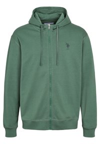 Felpa con cappuccio verde zipata, con stringhe e piccolo logo scuro di un giocatore di polo sul lato sinistro del petto.