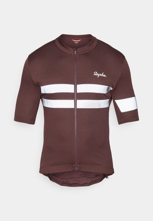 Maglia da ciclismo marrone a maniche corte con zip completa, con strisce riflettenti bianche e dettagli in rete. Logo del marchio visualizzato sul davanti.