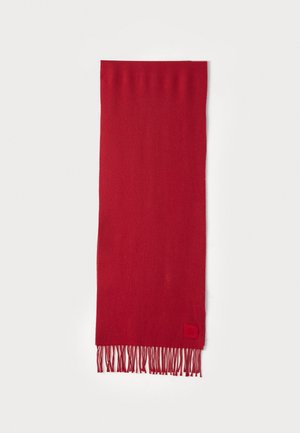 Red scarf made of soft fabric, featuring fringed ends and a small square logo accent. Rectangular shape with smooth texture.