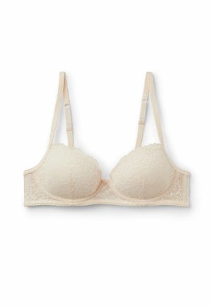 Reggiseno beige chiaro con finiture in pizzo, coppe sagomate, spalline regolabili e delicato motivo floreale. Texture morbida con bordi smerlati.