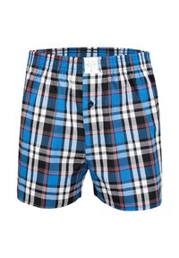 Blue, black, white, and red plaid men's boxer shorts with elastic waistband and single button fly on white background.