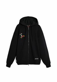 Felpa nera con zip e cappuccio, caratterizzata da dettagli ricamati colorati sul petto e testo del logo bianco sull'orlo.