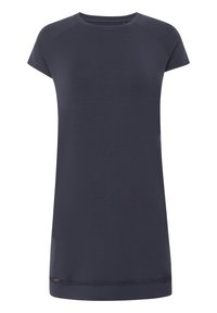 Granatowa sukienka t-shirt z krótkimi rękawami, okrągłym dekoltem i luźnym krojem. Posiada przeszyty dół oraz małą metkę marki na dole.