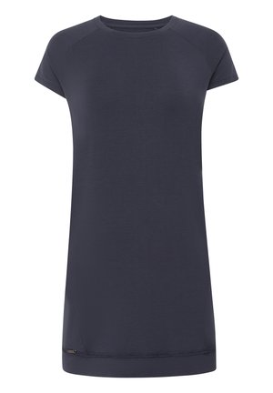 Vestido de camiseta azul marino con mangas cortas, escote redondeado y un corte casual. Presenta un dobladillo cosido y una pequeña etiqueta de marca en la parte inferior.