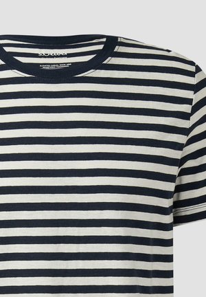 Granatowo-biały T-shirt w poziome paski z krótkim rękawem i okrągłym dekoltem, z metką s.Oliver wewnątrz kołnierza.