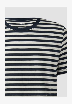 Granatowo-biały T-shirt w poziome paski z krótkim rękawem i okrągłym dekoltem, z metką s.Oliver wewnątrz kołnierza.