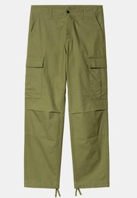 Pantalones cargo verde oliva de tejido liviano, con múltiples bolsillos, lazos ajustables en los tobillos y un diseño de pierna recta.