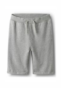 Pantaloni scurți tricotate gri deschis cu talie elastică cu dungi, șnur ajustabil, buzunare laterale și tivuri rulate.