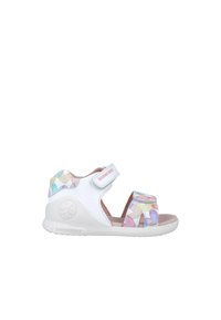 Sandalo bianco per bambini con motivo geometrico colorato sulle cinghie, chiusura in velcro regolabile e suola in gomma testurizzata.
