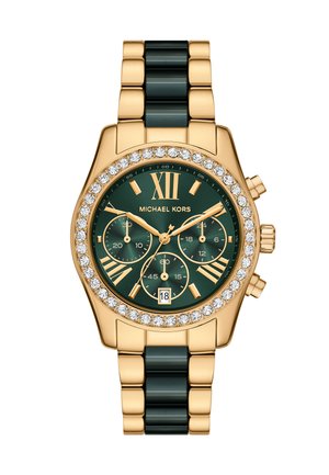 Orologio da polso Michael Kors oro e verde scuro con tre quadranti secondari, lunetta in cristallo, numeri romani e datario alle 6.