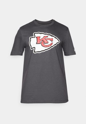 Gray short-sleeve t-shirt featuring a large white and red Kansas City Chiefs logo in the center, made from soft cotton material.
