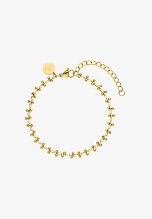 Goldarmband mit einem Chain-Design und gleichmäßig verteilten runden Perlen. Enthält einen Karabinerverschluss und eine verstellbare Verlängerungskette.