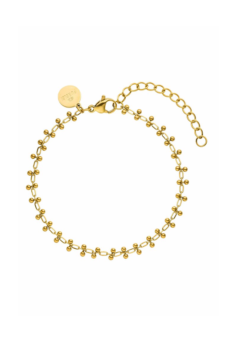 Goldarmband mit einem Chain-Design und gleichmäßig verteilten runden Perlen. Enthält einen Karabinerverschluss und eine verstellbare Verlängerungskette.