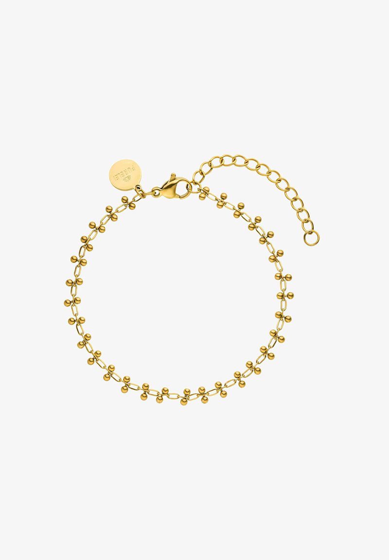 Goldarmband mit einem Chain-Design und gleichmäßig verteilten runden Perlen. Enthält einen Karabinerverschluss und eine verstellbare Verlängerungskette.