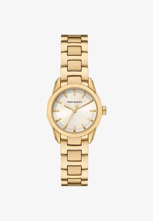 Orologio da polso Tory Burch color oro con bracciale a maglie, quadrante rotondo bianco, indici delle ore dorati e tre lancette dorate, inclusa quella dei secondi.