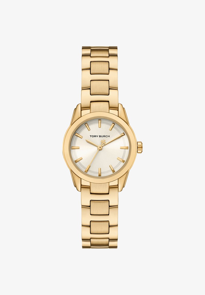 Gold-tone Tory Burch wristwatch with linked bracelet, round white dial, gold hour markers, and three gold hands including second hand.