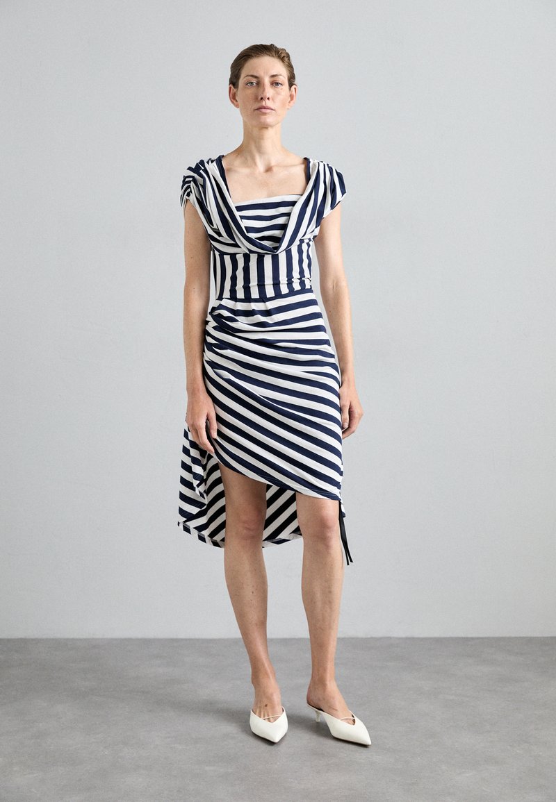 Sinead Gorey HACIENDA STRIPE ASYMMETRIC DRAPED HIGH LOW DRESS - Rochie cocktail/Rochie petrecere - white/navy