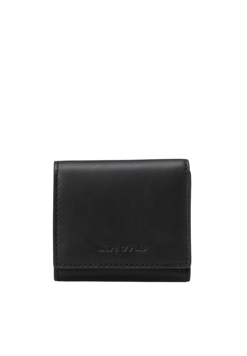 Portafoglio in pelle nera con finitura strutturata, forma rettangolare, bordi cuciti e logo in rilievo sul davanti. Design compatto e funzionale.