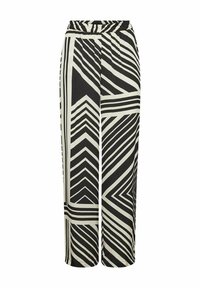Black and white wide-leg trousers featuring a geometric pattern with varying lines and angles. Made from a smooth fabric with an elastic waistband.